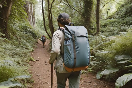 A traveler hiking through a lush forest with a backpack and a walking stick
