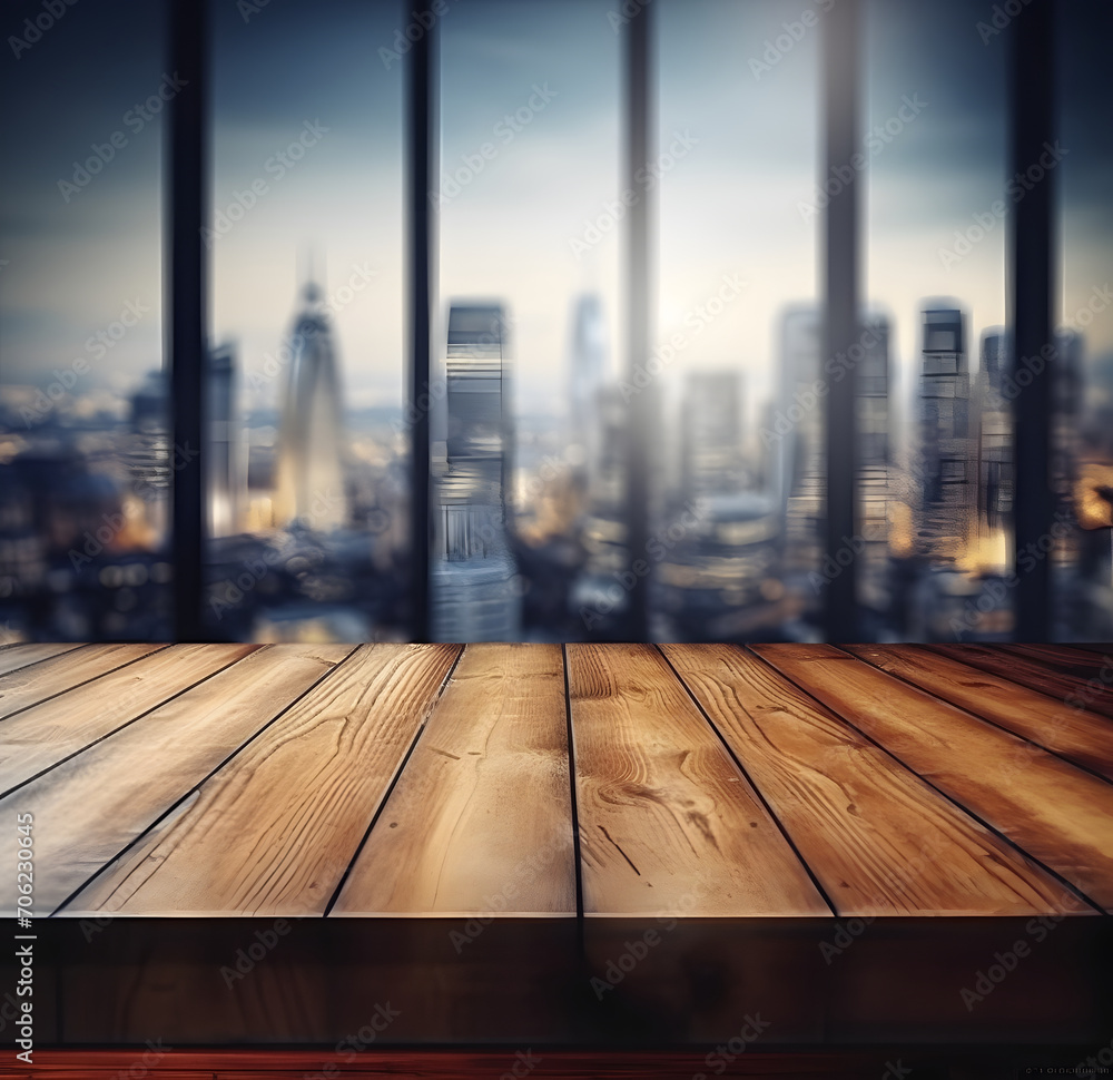 Aufkleber the empty wooden table top with blur background of downtown business district