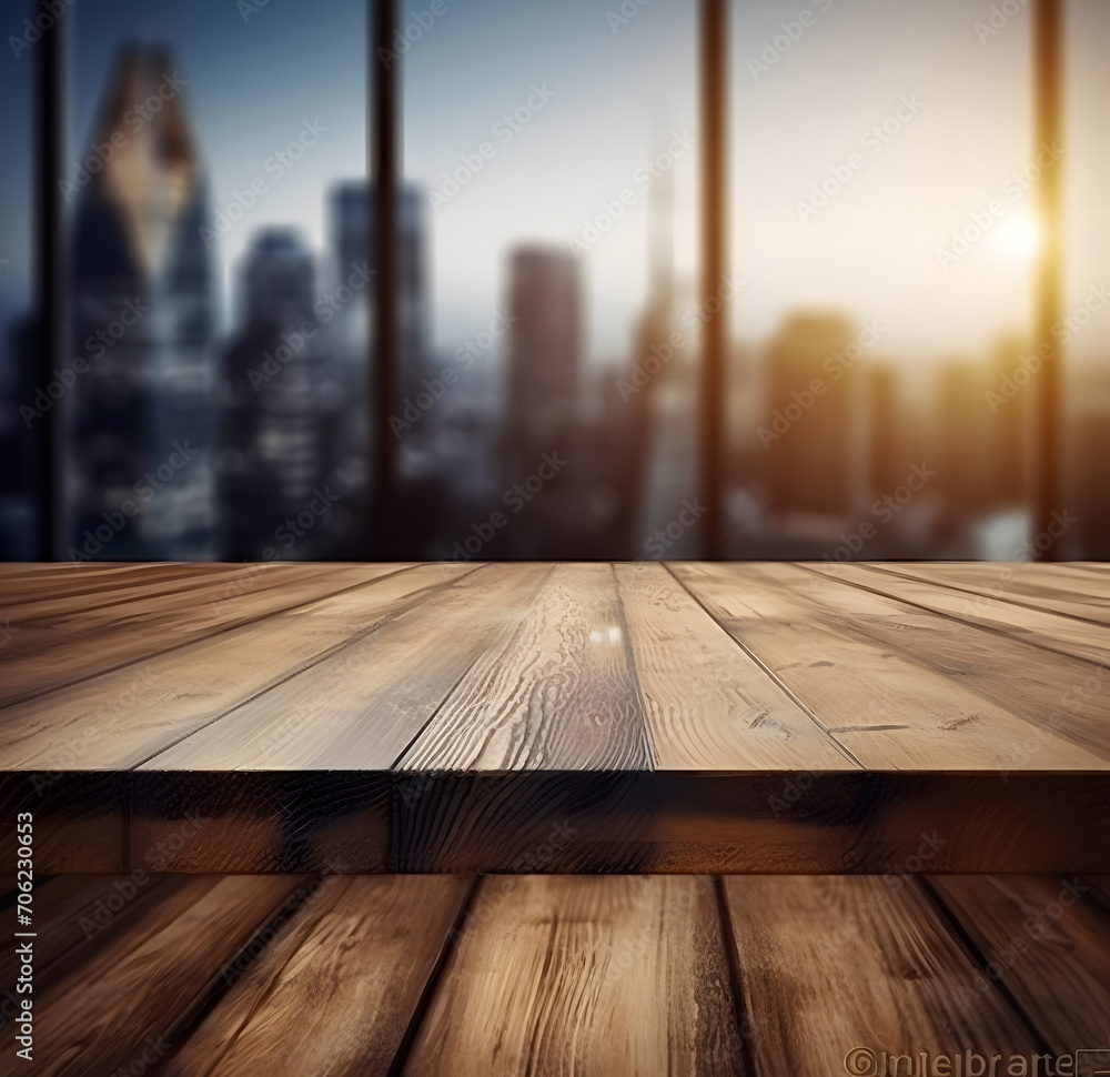 Aufkleber the empty wooden table top with blur background of downtown business district