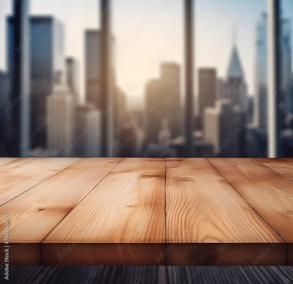 Aufkleber the empty wooden table top with blur background of downtown business district
