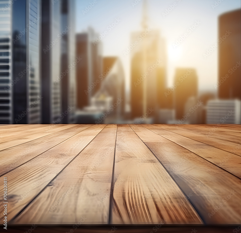 Poster the empty wooden table top with blur background of downtown business district