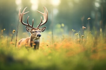 elk with velvet antlers in a lush field