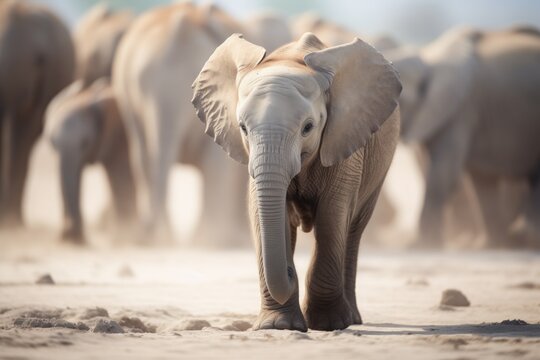 young elephant surrounded by herd on dusty terrain