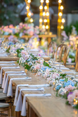 Beautiful flowers decorated on the table.Tables set for an event party or 
wedding reception. luxury elegant table setting dinner in a restaurant