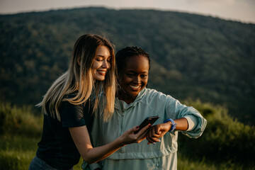 Two women, one fit and one curvy, jogging side by side, embracing a healthy lifestyle