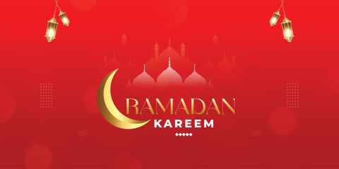 Fototapeta na wymiar Ramadan Kareem wishes, greeting, red, banner Ramzan Islamic red, background design with lamp, mosque golden, moon, red, color social media wishing banner, vector illustration
