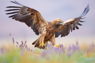 Obraz premium golden eagle in a dynamic pose amid wildflowers