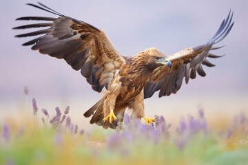 golden eagle in a dynamic pose amid wildflowers