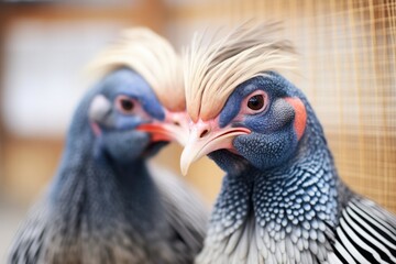 close-up of guinea fowls grooming each other
