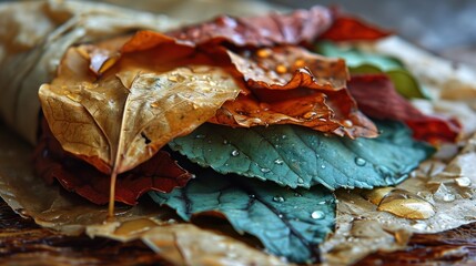 a pile of leaves sitting on top of a piece of paper with drops of water on top of the leaves.