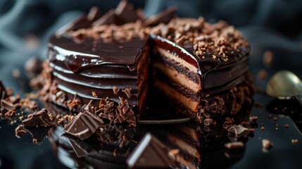  a chocolate cake with a slice cut out of it and chocolate shavings on the side of the cake. - obrazy, fototapety, plakaty