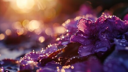  a close up of a bunch of flowers with water droplets on the petals and the sun shining in the background. - obrazy, fototapety, plakaty