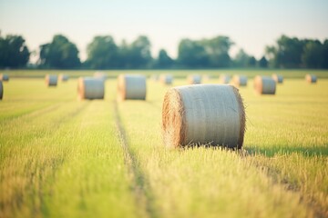 bales of hay in a freshly mown field - obrazy, fototapety, plakaty