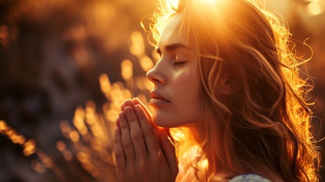  a woman with her eyes closed and her hands clasped in front of her face as the sun shines behind her.