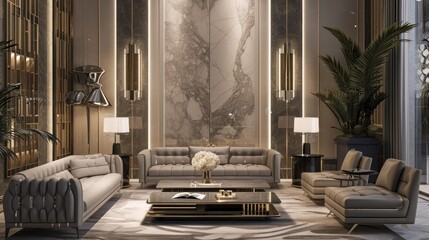  a living room with couches, chairs, tables, lamps and a chandelier in the corner of the room.
