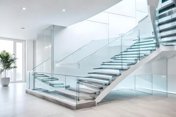 Modern white staircase with glass banister 