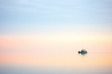 single boat silhouette on calm water at dawn - obrazy, fototapety, plakaty