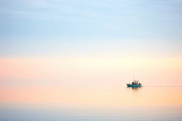 Foto op Canvas single boat silhouette on calm water at dawn © primopiano