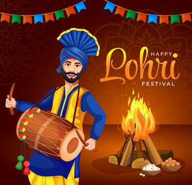Happy Lohri and Makar Sankaranti. Indian Punjabi festival of Lohri celebration fire background with decorated drum, bhangra dancer, and bonfire with festival elements
