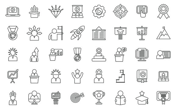 Personal Growth Training icons set outline vector. Self development. Care study