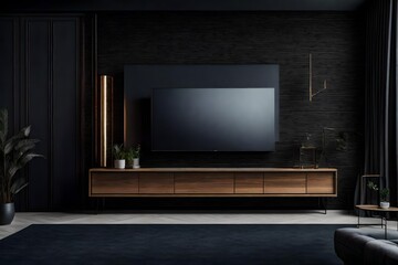 Tv cabinet in modern empty room on dark wall, minimal designs.  beautiful view,