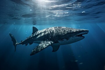 Impressive predator swimming effortlessly amidst the vast ocean. Generative AI