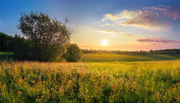 beautiful panorama rural landscape with sunrise and blossoming meadow