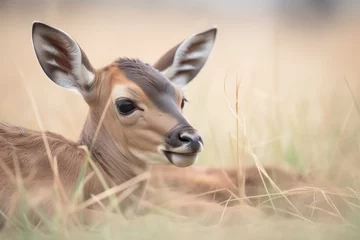 Foto op Plexiglas roan antelope calf lying in the grass © primopiano