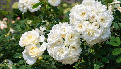 Bush of roses flowering in ornamental garden, with copy space