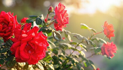 Bush of roses flowering in ornamental garden, with copy space