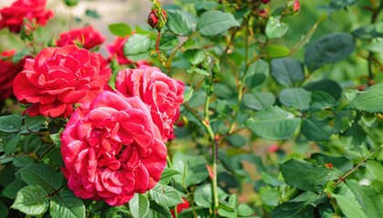 Bush of roses flowering in ornamental garden, with copy space