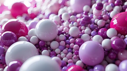  a bunch of different colored balls floating in the air on a pink and purple surface with white and pink dots.