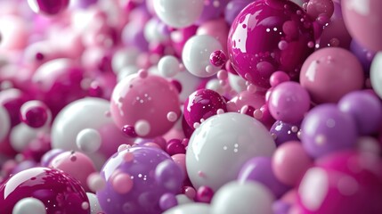  a bunch of balloons that are pink, white, and purple with some bubbles in the middle of the image.