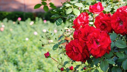 Bush of roses flowering in ornamental garden, with copy space