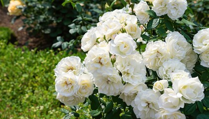 Bush of roses flowering in ornamental garden, with copy space