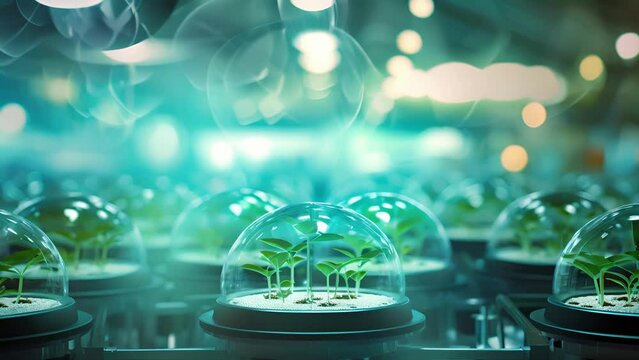 An illustration depicts a futuristic greenhouse filled with rows of genetically engineered seeds and embryos, highlighting the crucial role of research in developing tingedge farming innovations.