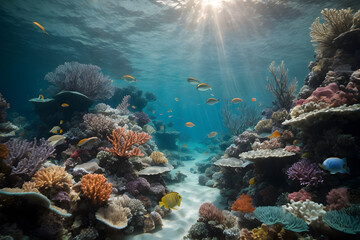 Fototapeta na wymiar A scene of underwater coral reefs with tiny little fishes