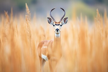 springbok standing alert in tall grass - obrazy, fototapety, plakaty