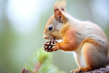 Obraz premium red squirrel nibbling pine cone on tree branch