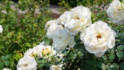 Obraz na płótnie Canvas Bush of roses flowering in ornamental garden, with copy space