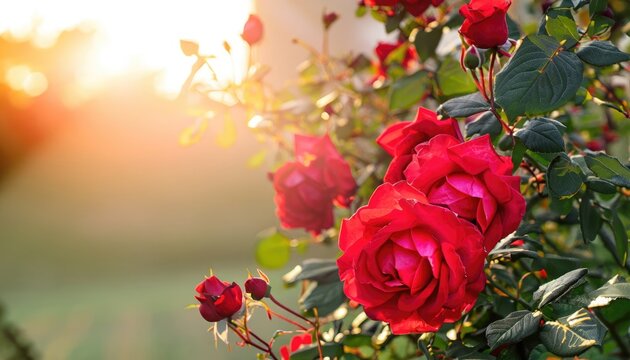 Bush of roses flowering in ornamental garden, with copy space