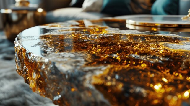  a close up of a table in a living room with a couch and a coffee table with gold foil on it.