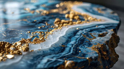  a close up of a blue and gold table with gold flakes on the edge of the table and on the edge of the table.
