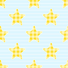 Seamless Pattern. Yellow gingham star shape, horizontal white stripes on light blue background design.	
