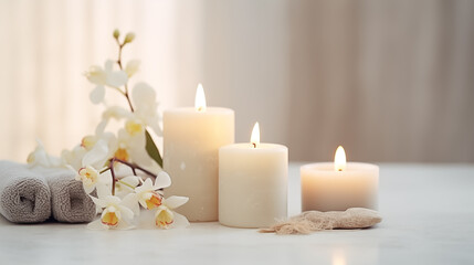 Fototapeta na wymiar Soothing Serenity, Vanilla Candles and Orchids with Fluffy Towels for Luxury Beauty, Cosmetic, Skincare, Body Care, Aromatherapy, Spa Product Display Background