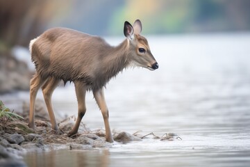 Obraz premium waterbuck calf playing at river edge
