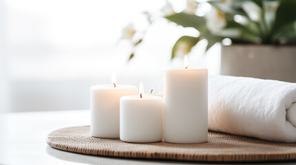Obraz na płótnie Canvas Tranquil Ambiance, Three Pillar Candles and Fresh Towel on Woven Mat for Luxury Beauty, Cosmetic, Skincare, Body Care, Aromatherapy, Spa Product Display Background
