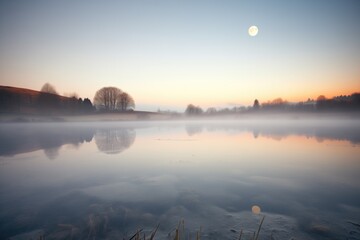 bright moon illuminating a frosty lakes mist