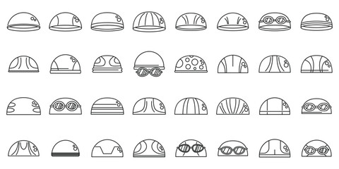 Swimming cap icons set outline vector. Swim pool dive. Swimmer mask
