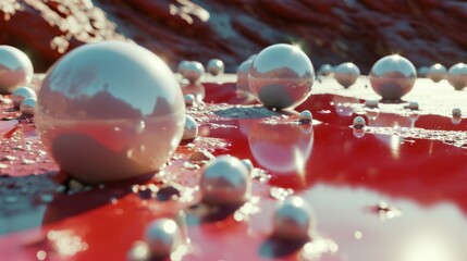  a bunch of balls sitting on top of a puddle of water on top of a red surface with rocks in the background.